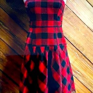 American Eagle Strapless Plaid Dress with Pleated Skirt.